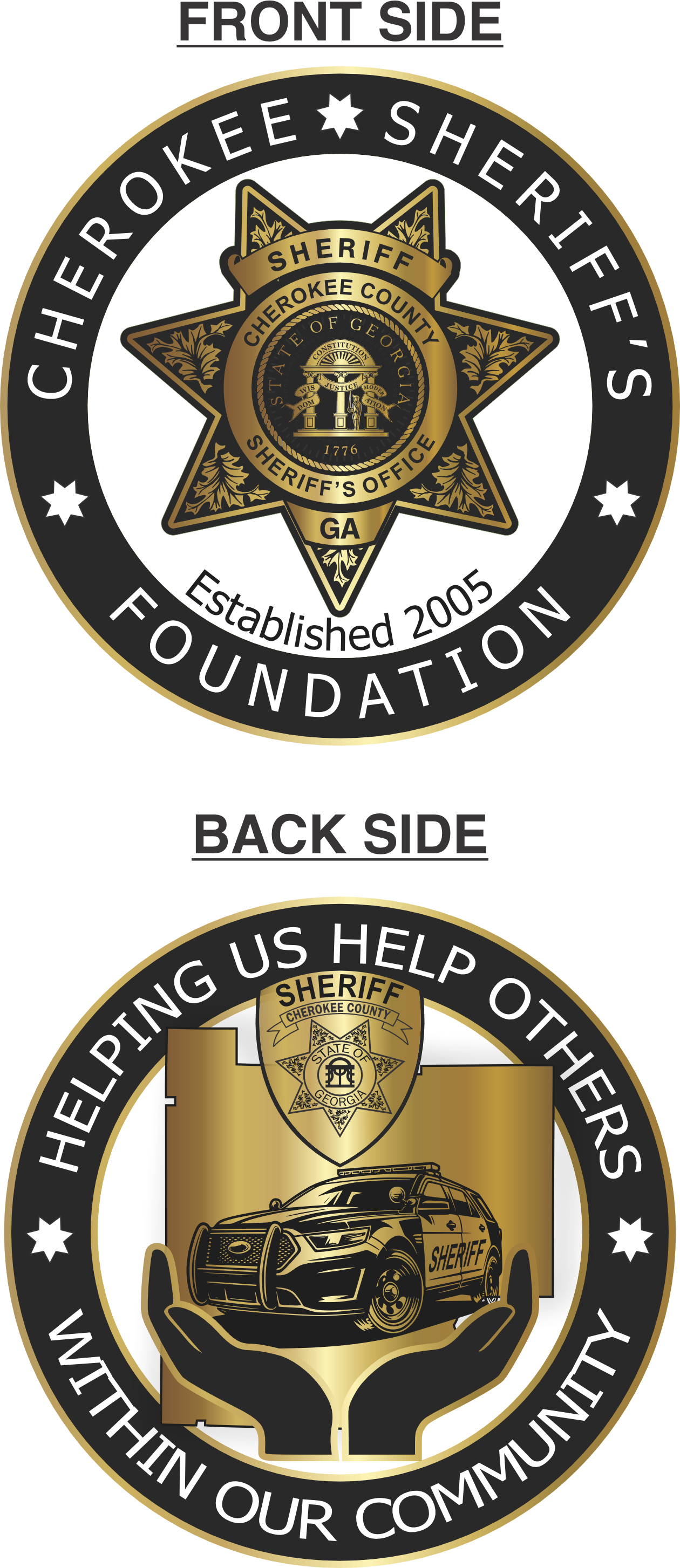 Cherokee Sheriff's Foundation challenge coin front featuring the foundation badge